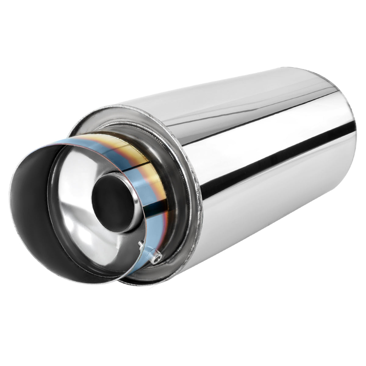Universal 2.5" Inlet/4" Outlet Stainless Steel Spiral Flow Exhaust Muffler w/ Slanted Burnt Tip