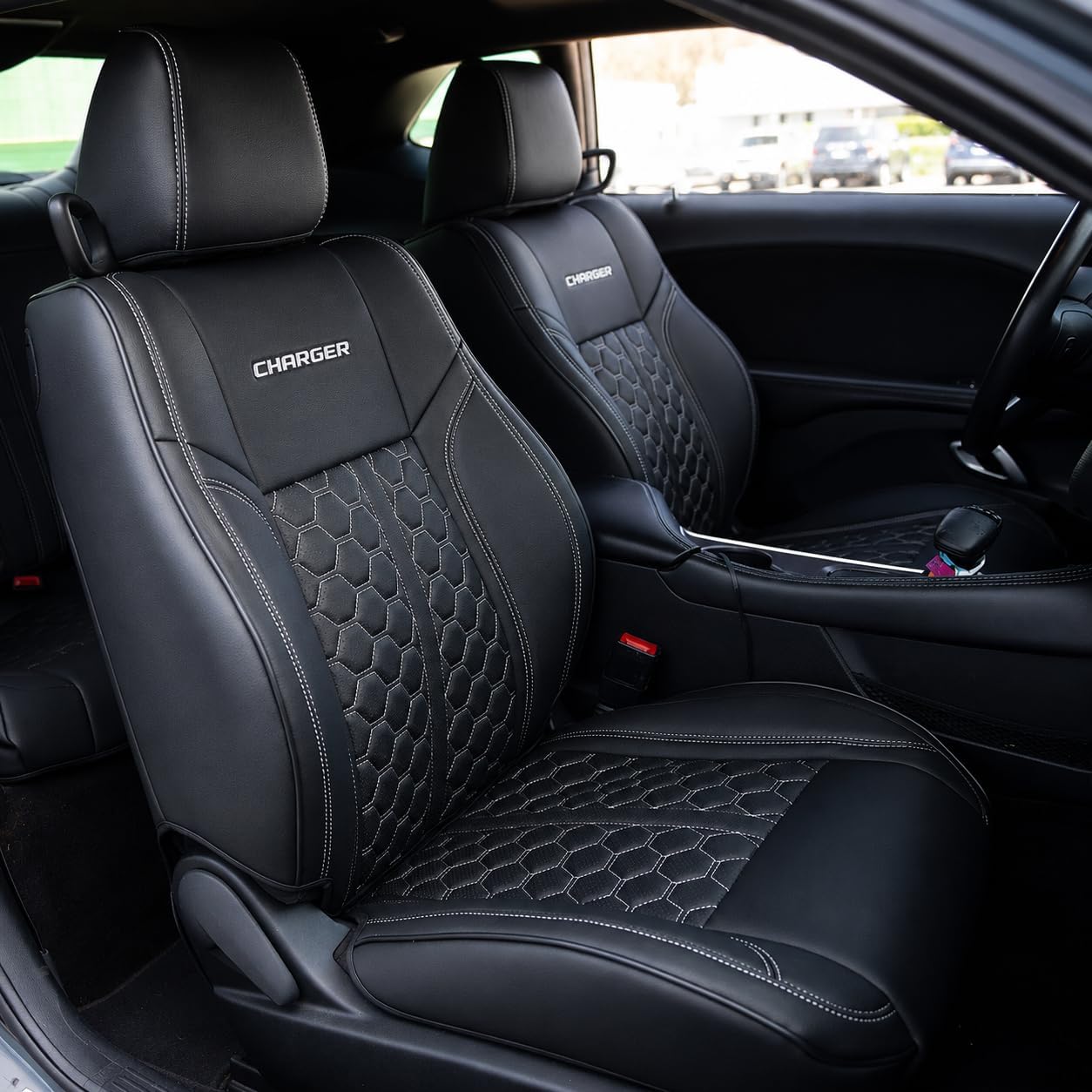 Custom Fit Seat Covers for 2015-2023 Dodge Charger – Front & Rear Set of 4, Premium Artificial Leather w/ Embroidered Logos (Sport Seats) (All Black w/ Honeycomb (White Stitching))