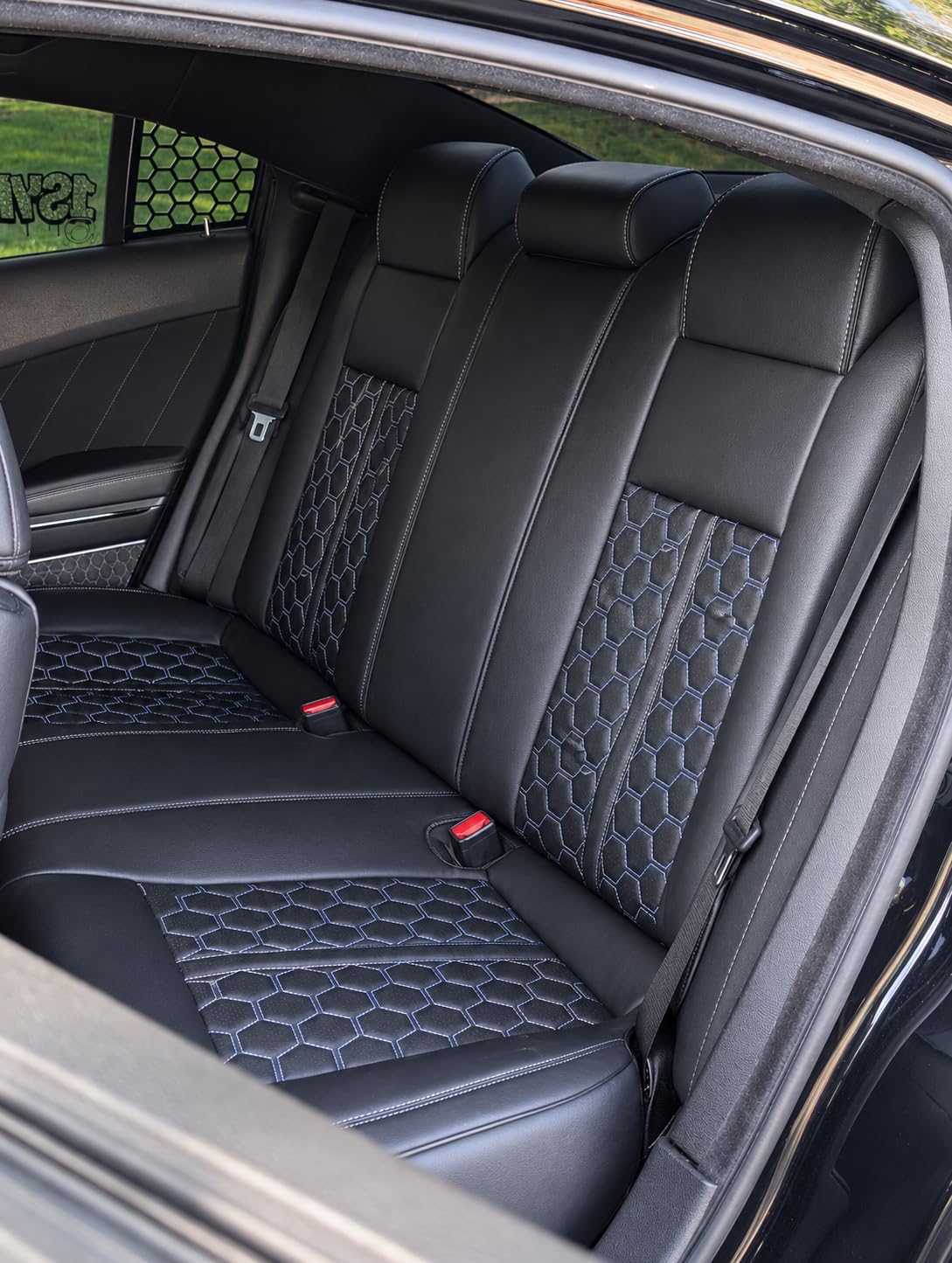 Custom Fit Seat Covers for 2015-2023 Dodge Charger – Front & Rear Set of 4, Premium Artificial Leather w/ Embroidered Logos (Sport Seats) (All Black w/ Honeycomb (White Stitching))