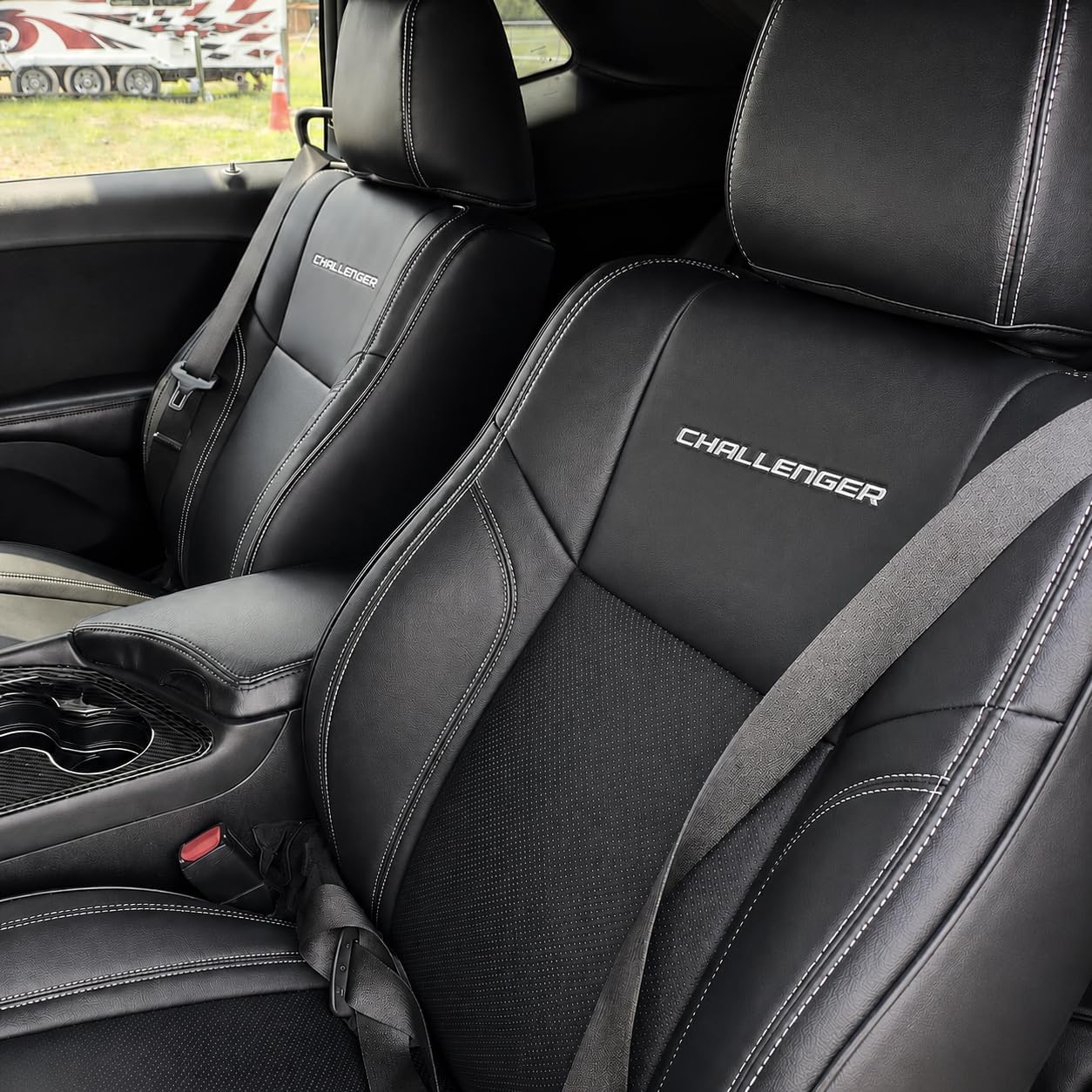 Custom Fit Seat Covers for 2015-2023 Dodge Challenger – Front & Rear Set of 4, Premium Artificial Leather w/ Embroidered Logos (Sport Seats)(All Black (White Stitching))