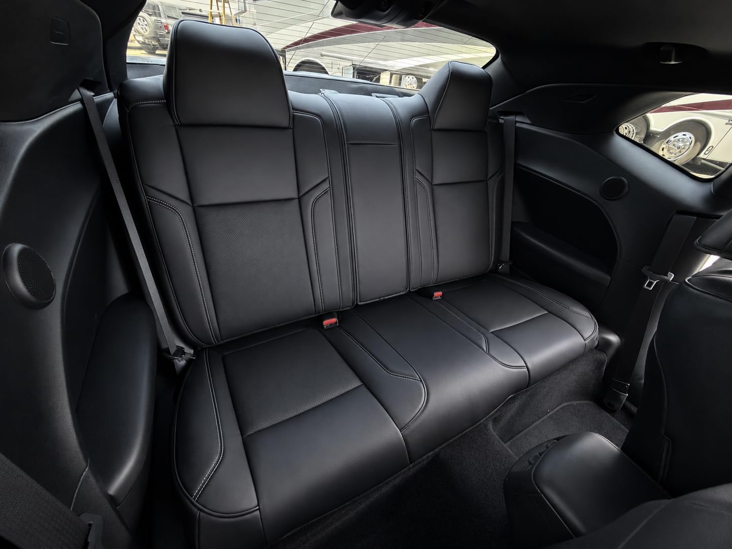 Custom Fit Seat Covers for 2015-2023 Dodge Challenger – Front & Rear Set of 4, Premium Artificial Leather w/ Embroidered Logos (Sport Seats)(All Black (White Stitching))