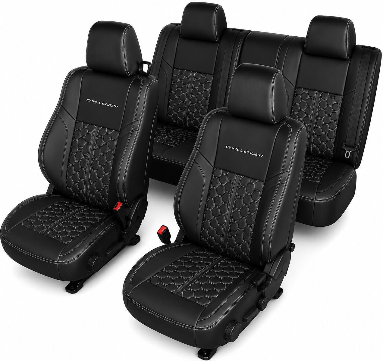Custom Fit Seat Covers for 2015-2023 Dodge Challenger – Front & Rear Set of 4, Premium Artificial Leather w/ Embroidered Logos (Performance Seats)(All Black w/Honeycomb (White Stitching))