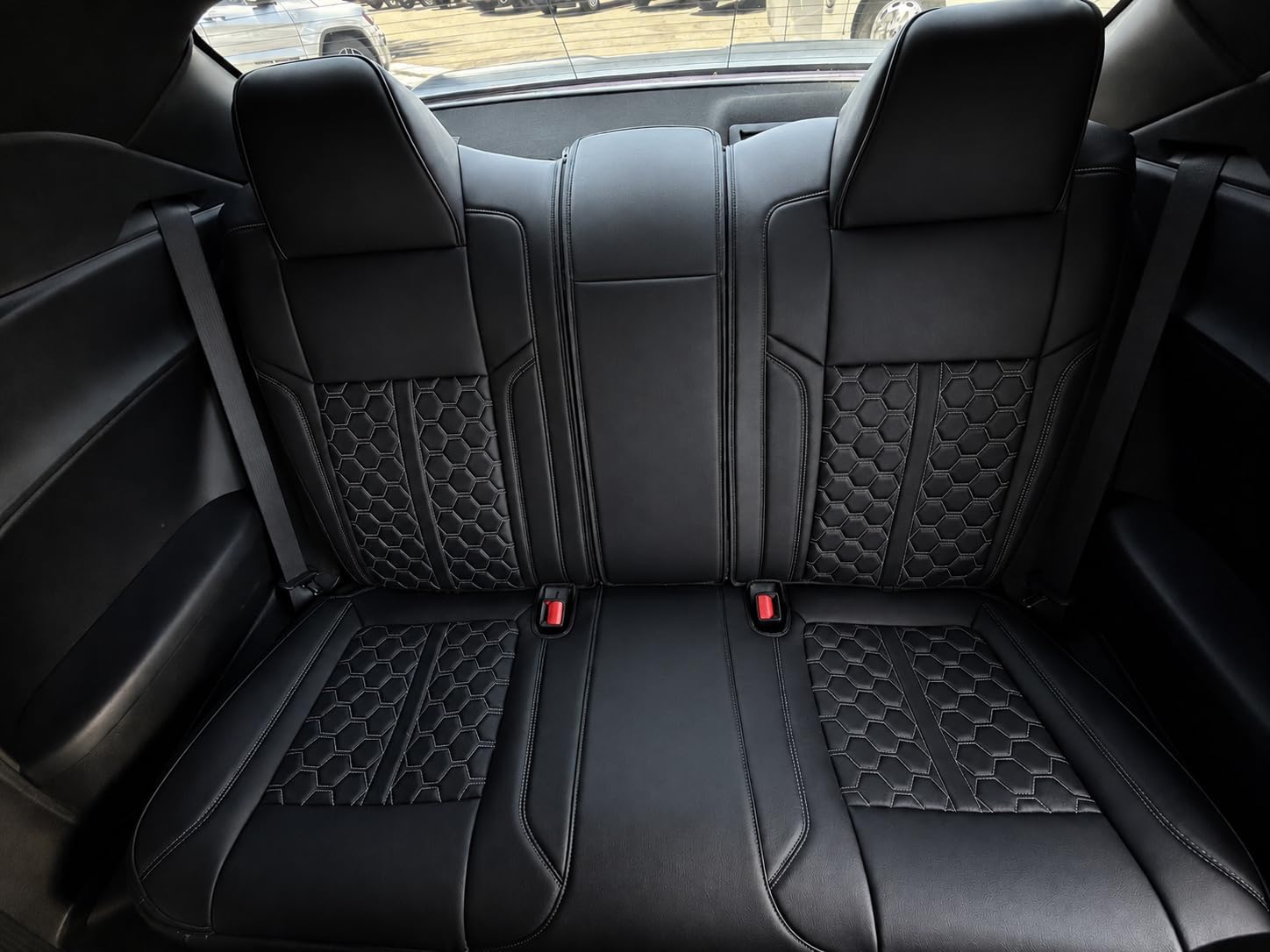 Custom Fit Seat Covers for 2015-2023 Dodge Challenger – Front & Rear Set of 4, Premium Artificial Leather w/ Embroidered Logos (Performance Seats)(All Black w/Honeycomb (White Stitching))