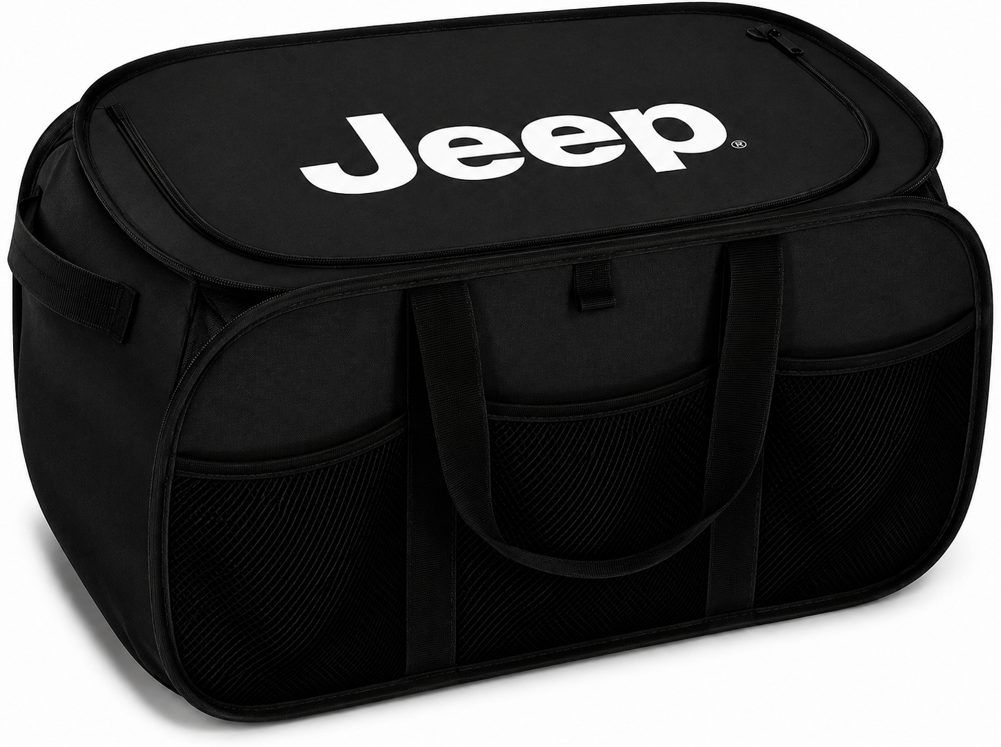 Jeep Pop Up Trunk Storage Organizer - Black Organization Expandable/Collapsable Caddy with Logo for Grand Cherokee, Wagoneer, Wrangler, Gladiator, Avenger, Compass, Renegade