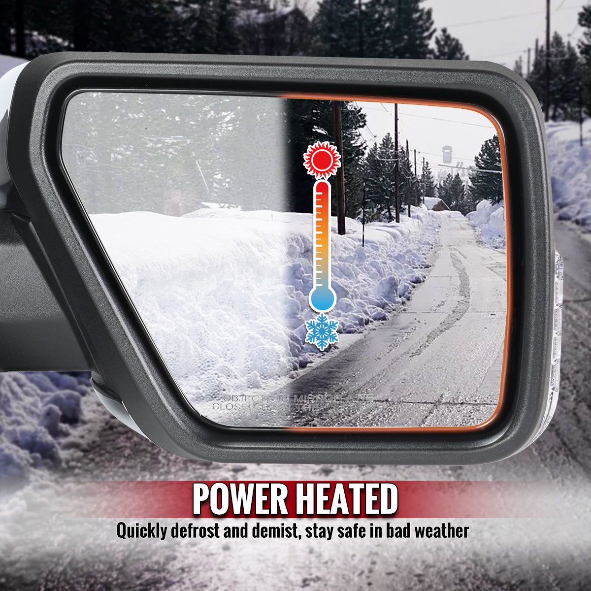 2021-2025 Ford F-150 Chrome Power Adjustable, Manual Fold, BSD & Heated Side Mirror w/ LED DRL Turn Signal Light Temperature Sensor - Passenger Side Only