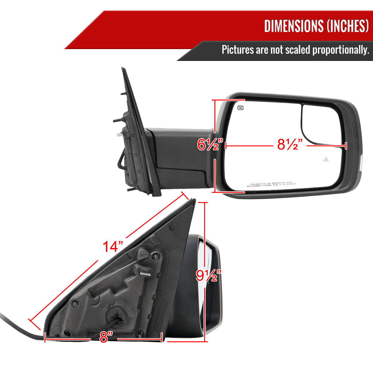 2019-2024 Dodge RAM 1500 Black Power Adjustable, Manual Fold, BSD & Heated Side Mirror w/ LED Puddle and Turn Signal Light - Passenger Side Only
