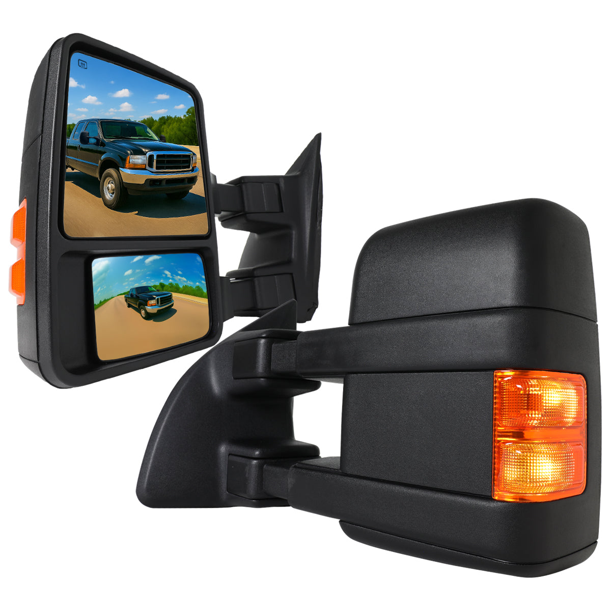 1999-2015 Ford F-250/F-350/F-450/F-550 Power Adjustable, Heated, & Manual Extendable Towing Mirrors w/ Amber Lens Turn Signal Lights