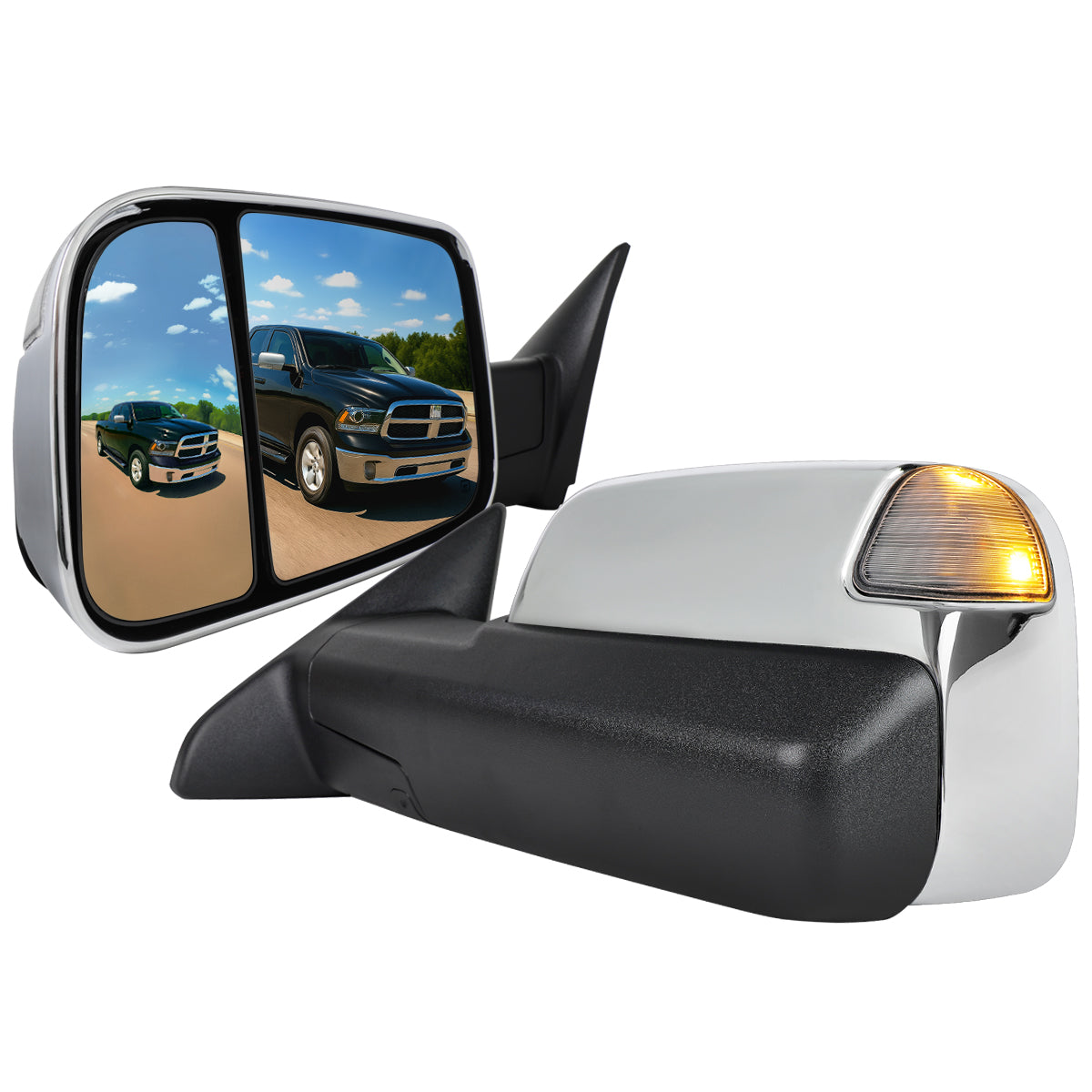 2013-2017 Dodge RAM 1500/2500/3500 Power Adjustable, Auto-Fold, Heated, & Manual Extendable Chrome Towing Mirrors w/ LED Turn Signal & Puddle Lights