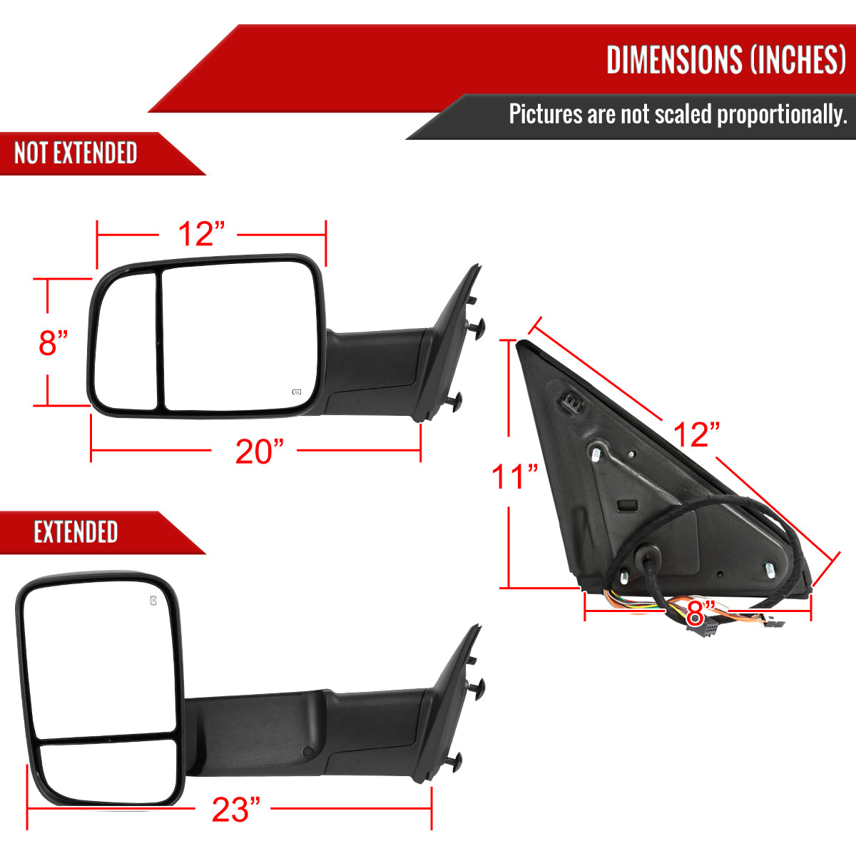 2013-2015 Dodge RAM Power Adjustable, Heated, & Manual Extendable Towing Mirrors w/ Clear Lens LED Turn Signal & Puddle Lights