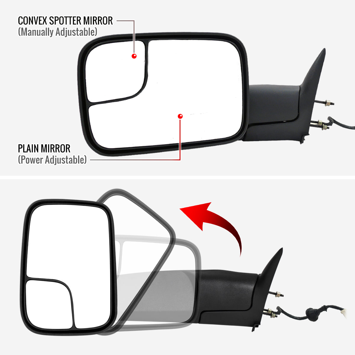 1998-2002 Dodge RAM Power Adjustable, Heated, Manual Fold & Extendable Towing Mirrors