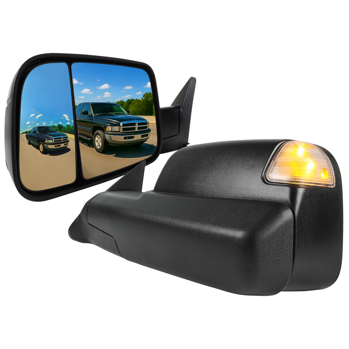 1998-2001 Dodge RAM 1500/1998-2002 RAM 2500/3500 Black Power Heated Towing Mirrors With Clear Lens LED Turn Signal