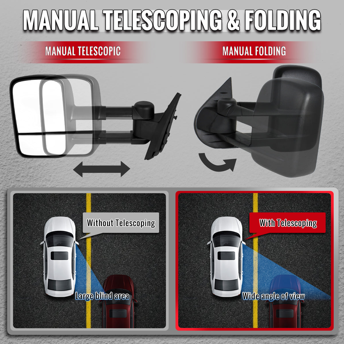 2007-2014 Chevrolet Silverado/Avalanche/Tahoe GMC Sierra/Yukon/Yukon XL Manual Adjustable & Extendable Black Towing Mirrors