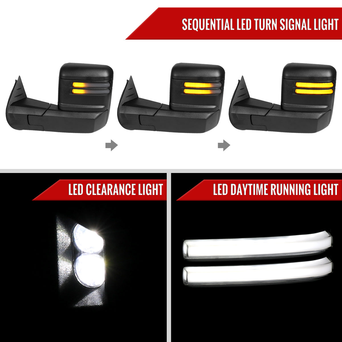 2007-2013 GMC Sierra Silverado 1500 Power Adjustable, Heated, & Manual Extendable Towing Mirrors w/ Smoked Lens LED DRL, Turn Signal and Clearance Lights