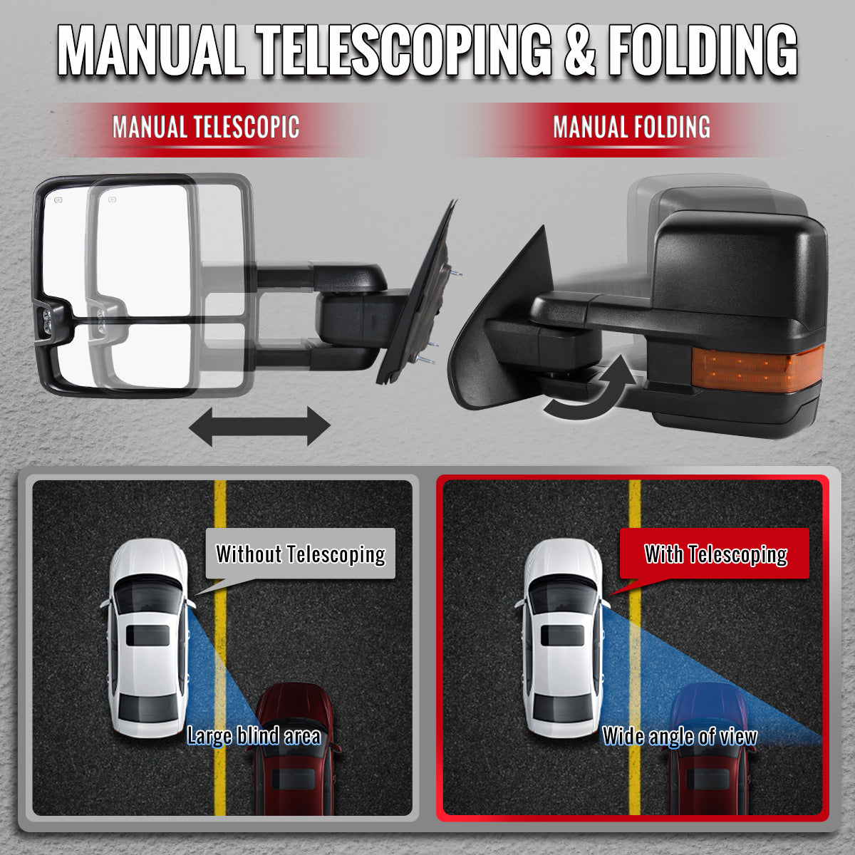 2014-2018 Chevrolet Silverado/GMC Sierra Power Heated Manual Extendable Towing Mirrors w/ Amber Lens LED Turn Signal & Clearance Lights
