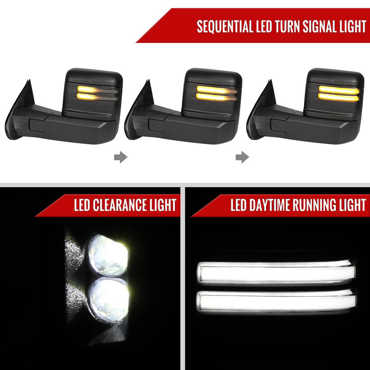 2014-2018 Silverado Sierra 1500 1500 Power Adjustable, Heated, & Manual Extendable Towing Mirrors w/ Smoked Lens LED DRL, Turn Signal and Clearance Lights