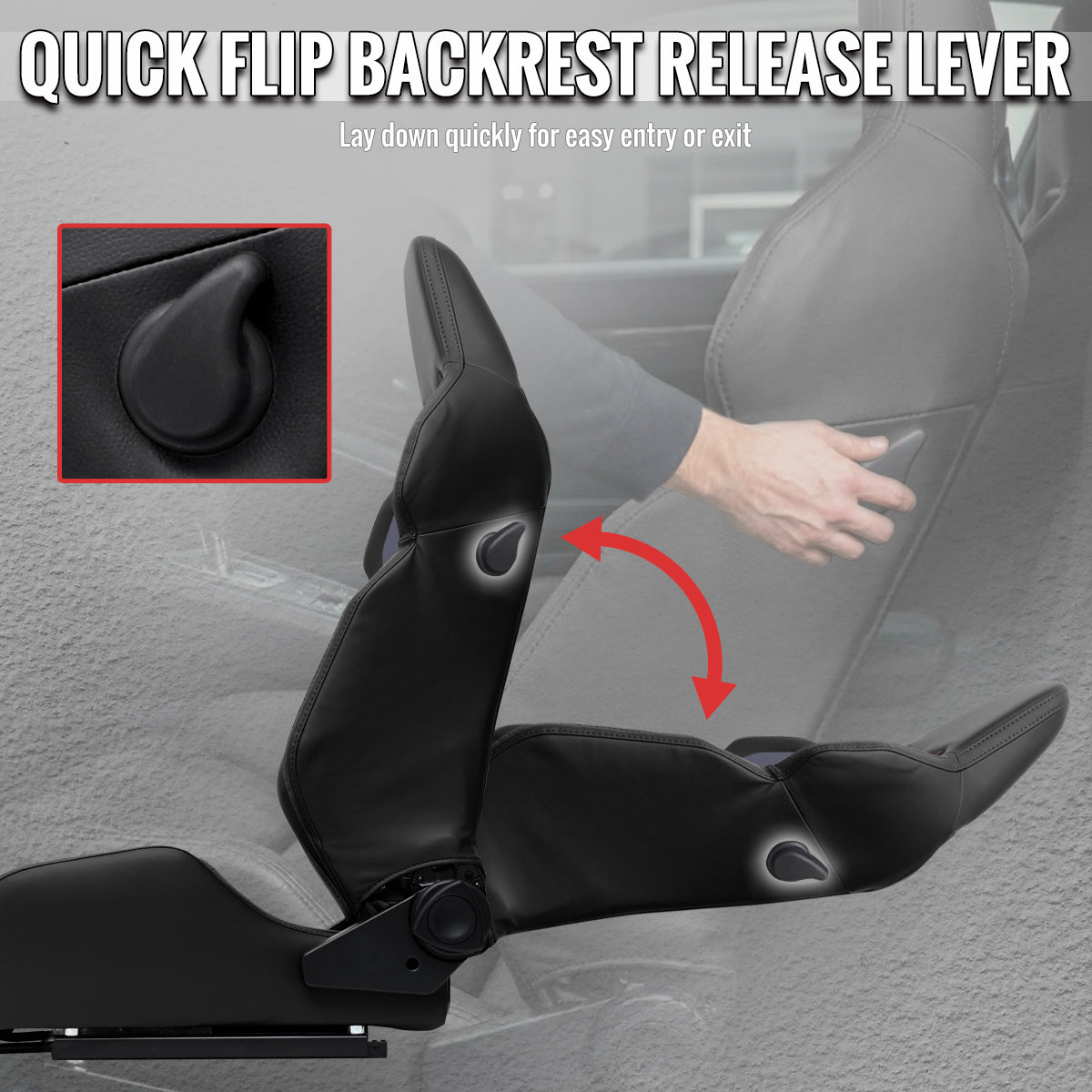 Universal Fully Reclinable Black PU Leather Gray Suede Bucket Racing Seat w/ Sliders - Single Seat