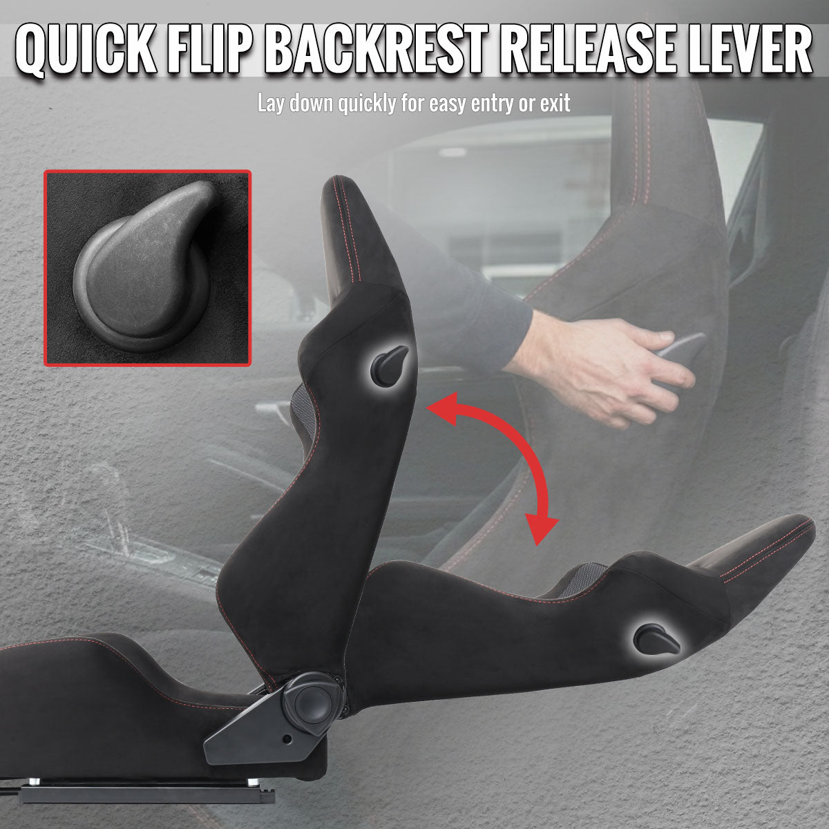 Universal Fully Reclinable Black Suede Red Stitch Bucket Racing Seat w/ Sliders - Single Seat