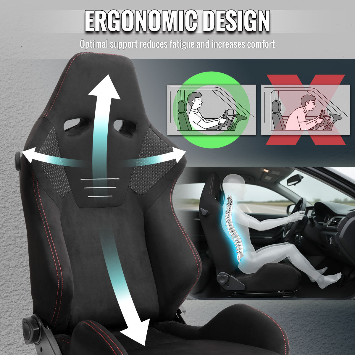 Universal Fully Reclinable Black Suede Red Stitch Bucket Racing Seat w/ Sliders - Single Seat