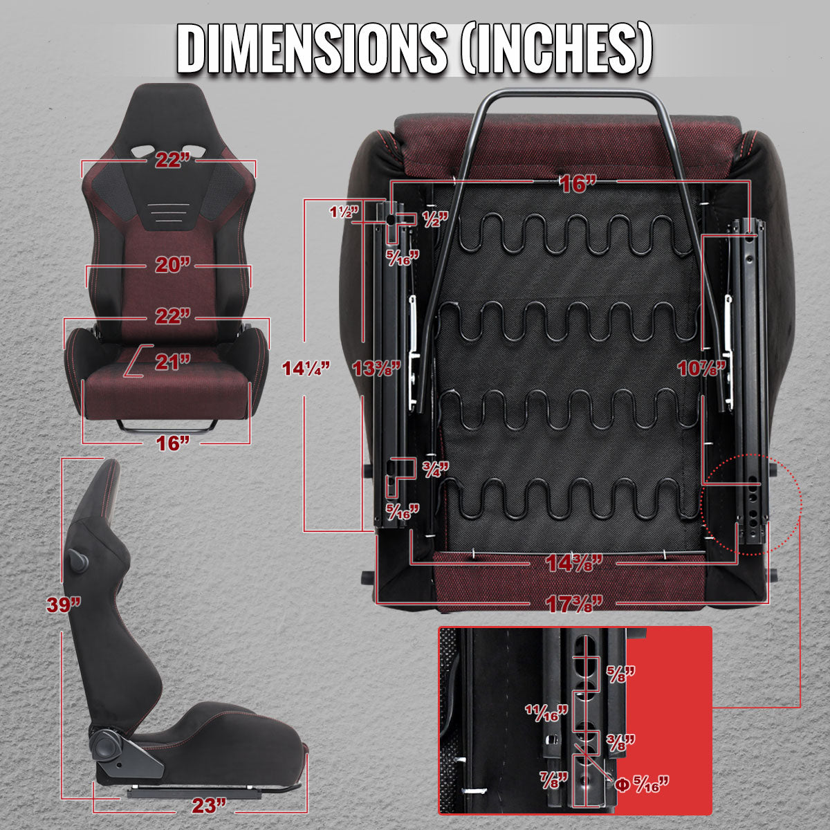 Universal Fully Reclinable Black Suede Red Mesh High Bolster Bucket Racing Seat w/ Sliders - Single Seat