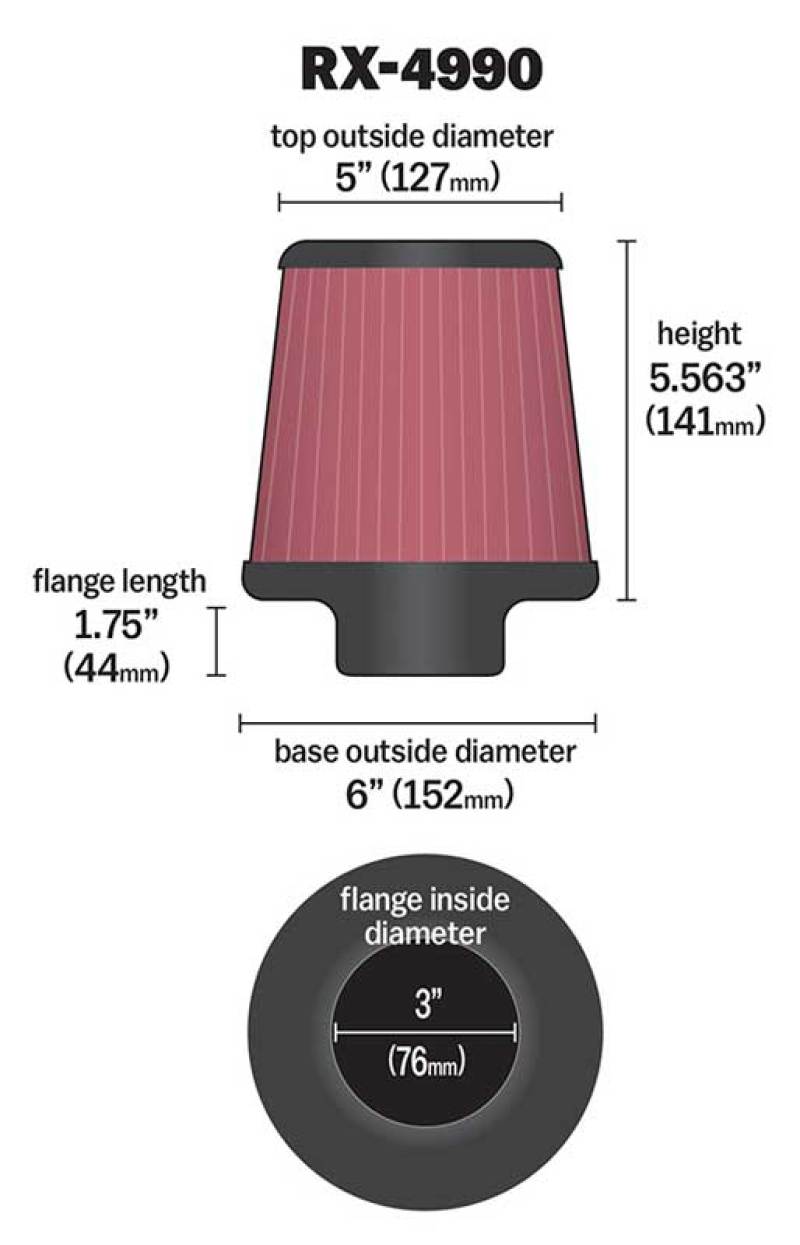 K&N Filter Universal X Stream Clamp-On 3 inch Flange 6 inch Base 5 inch Top 5 9/16 inch Height-SR1 Performance