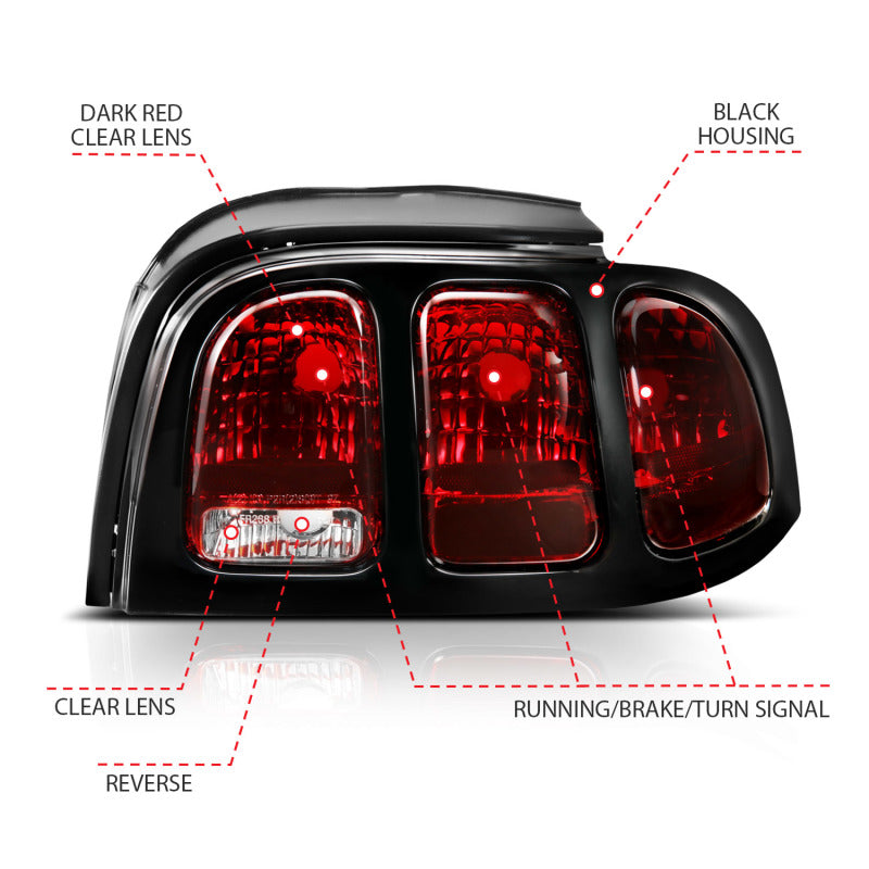 ANZO 1994-1998 Ford Mustang Taillight Dark Red Lens (OE Style)-SR1 Performance