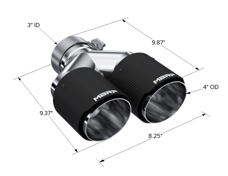 MBRP 3in ID / Dual 4in OD Out Staggered L 9.37in / R 9.87in Dual Wall Carbon Fiber Univ Exhaust Tip-SR1 Performance
