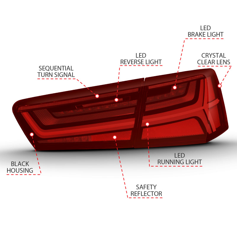 ANZO 2012-2018 Audi A6 LED Taillight Black Housing Red/Clear Lens 4 pcs (Sequential Signal)-SR1 Performance
