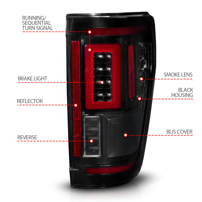 ANZO 21-23 Ford F-150 LED Taillights Seq. Signal w/BLIS Cover - Smoke Blk (For Factory Halogen ONLY)-SR1 Performance