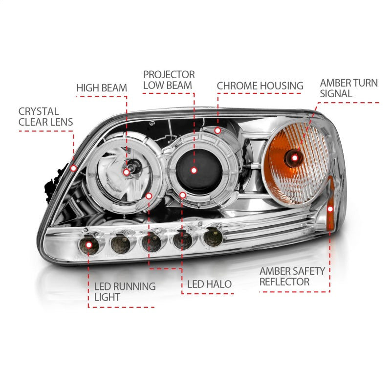 ANZO 1997.5-2003 Ford F-150 Projector Headlights w/ Halo and LED Chrome 1pc-SR1 Performance