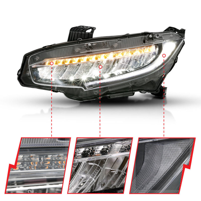 ANZO 16-17 Honda Civic Projector Headlights Plank Style Black w/Amber/Sequential Turn Signal-SR1 Performance