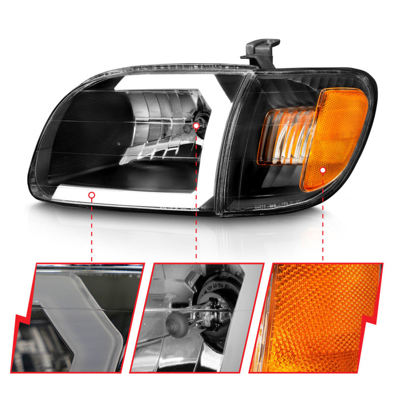 ANZO 00-04 Toyota Tundra (Fits Reg/Acc Cab Only) Crystal Headlights w/Light Bar Black w/Corner Light-SR1 Performance