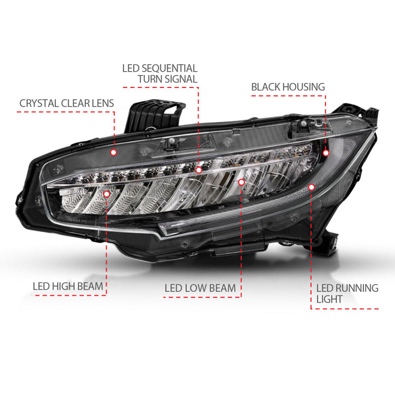 ANZO 16-17 Honda Civic Projector Headlights Plank Style Black w/Amber/Sequential Turn Signal-SR1 Performance