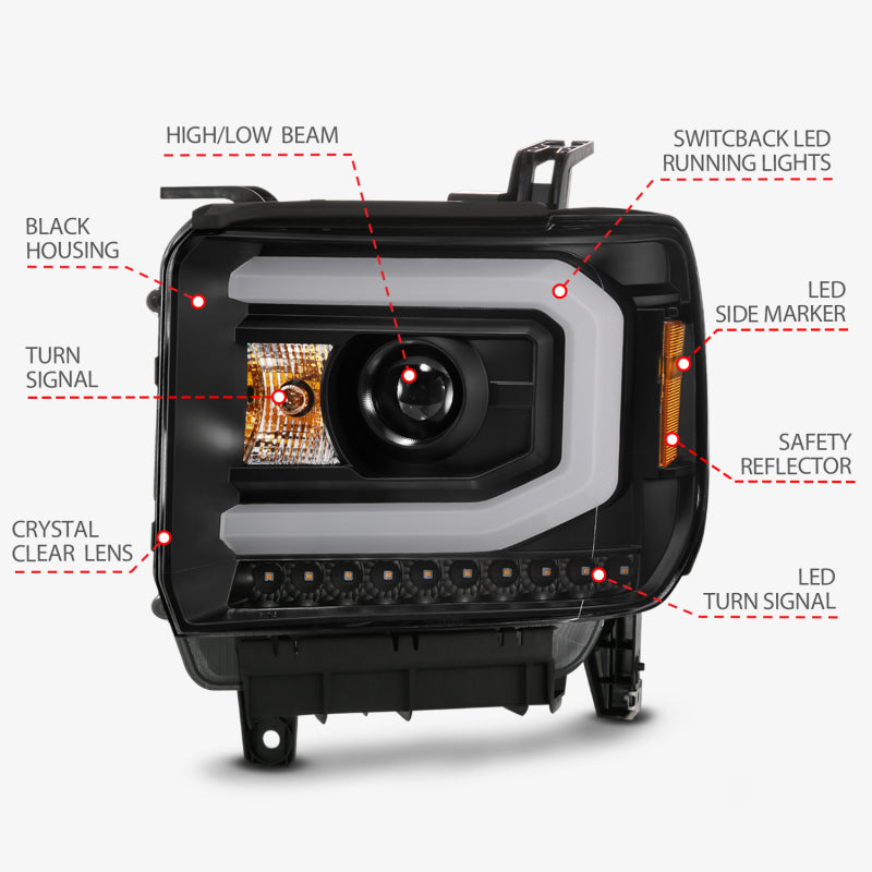 ANZO GMC SIERRA 1500 14-15 2500H/15-19 Projector Headlight Plank Style Black w/ Switchback (Halogen)-SR1 Performance