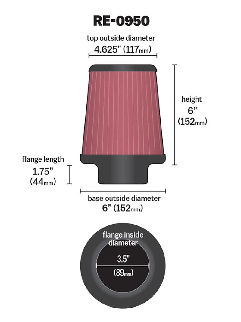K&N Universal Rubber Filter 3 1/2inch ID FLG / 6inch Base / 4-5/8inch Top / 6inch Height-SR1 Performance