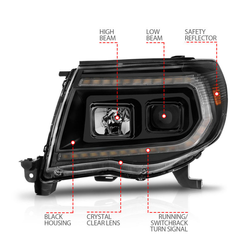 ANZO 05-11 Toyota Tacoma Projector Headlights w/Light Bar Switchback Black Housing-SR1 Performance