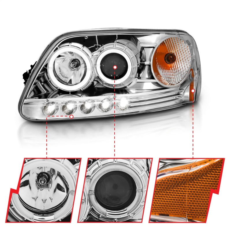 ANZO 1997.5-2003 Ford F-150 Projector Headlights w/ Halo and LED Chrome 1pc-SR1 Performance