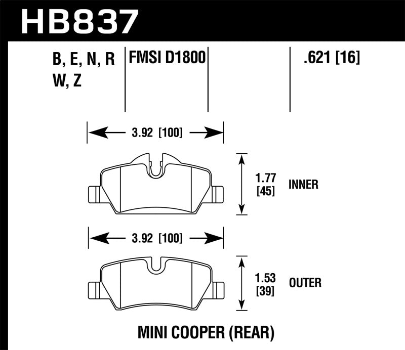 Hawk 14-17 Mini Cooper HPS 5.0 Rear Brake Pads-SR1 Performance