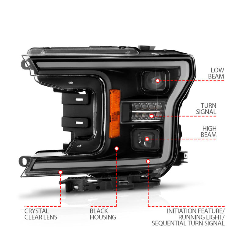 ANZO 18-20 Ford F-150 (w/o Fctry LED) Full LED Proj Headlights w/Light Bar Swtchbk Seq. Black w/Init-SR1 Performance