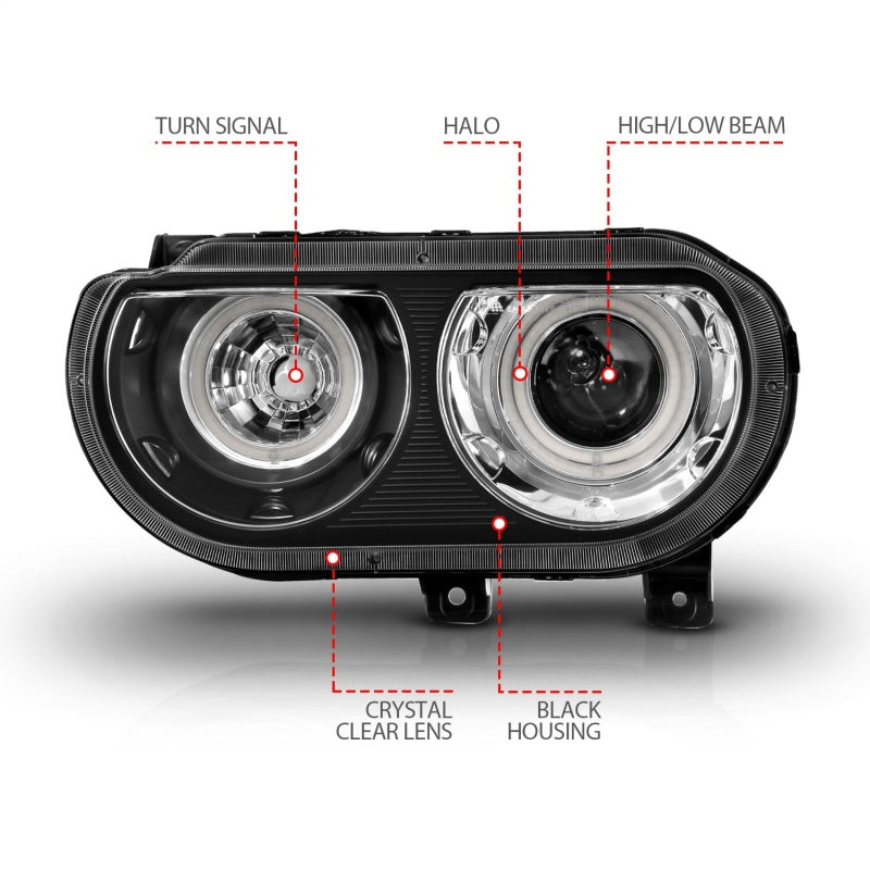 ANZO 2008-2014 Dodge Challenger Projector Headlights w/ Halo Black (CCFL)-SR1 Performance