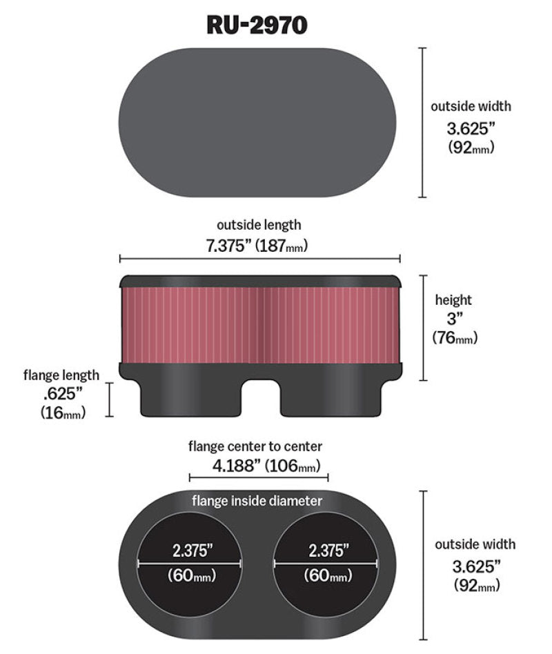 K&N Filter Universal Filter 2 3/8 inch Dual Flange 107mm C-C 3 inch Height-SR1 Performance