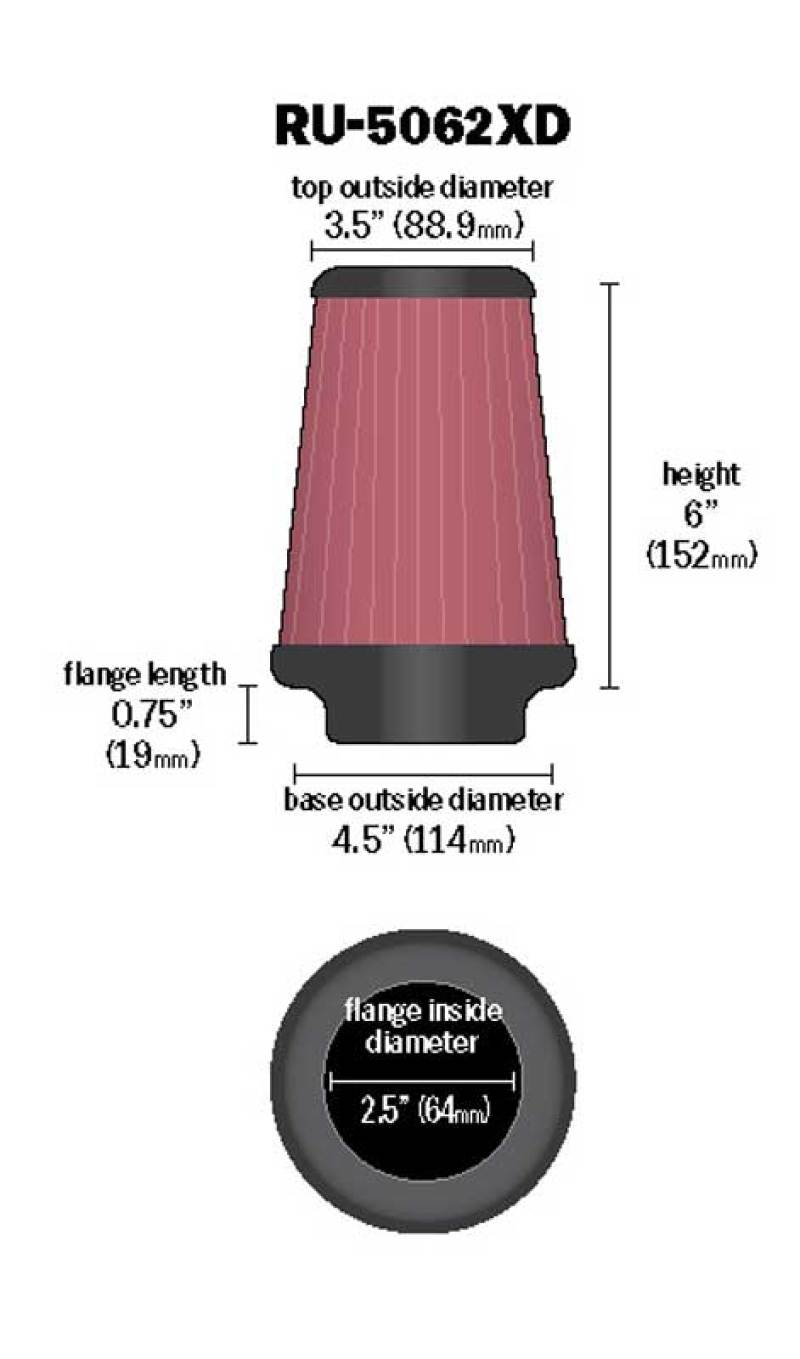 K&N Universal Rubber Filter 2-1/2in Flg / 4-1/2in OD B / 3-1/2in OD T / 6in H - Black Top-SR1 Performance