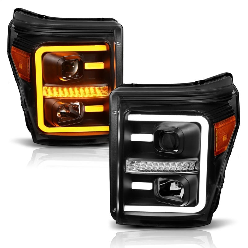ANZO 2011-2016 Ford F250 Projector Headlights w/ Plank Style Switchback Black w/ Amber-SR1 Performance