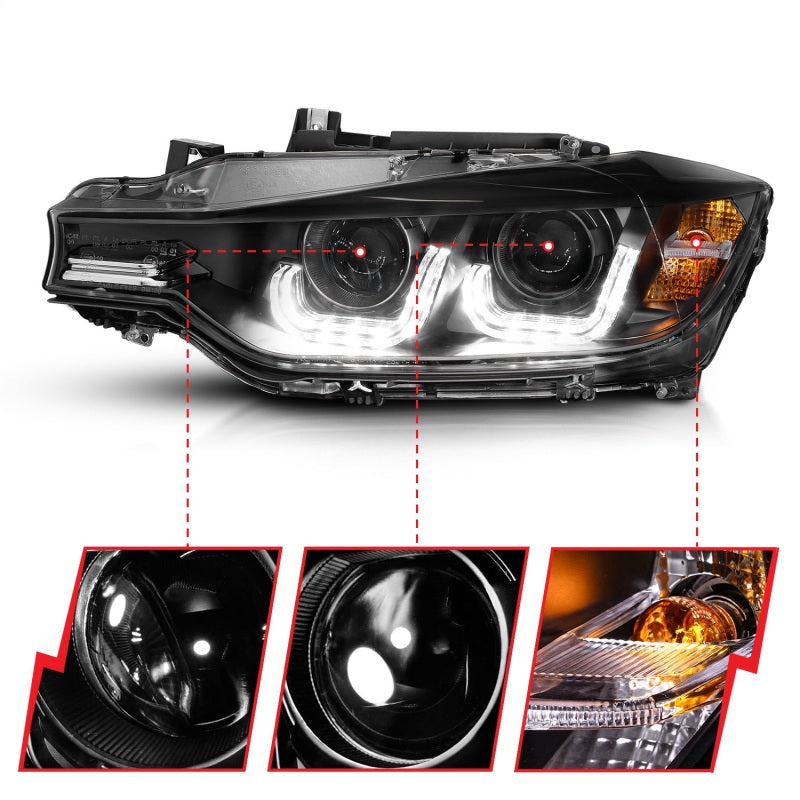 ANZO 2012-2015 BMW 3 Series Projector Headlights w/ U-Bar Black-SR1 Performance