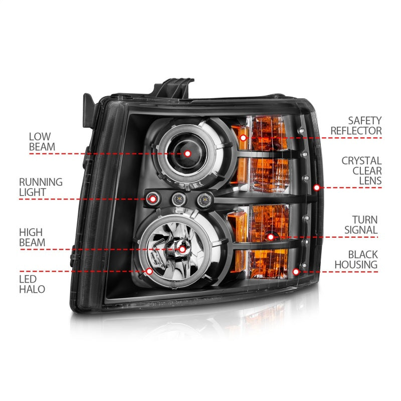 ANZO 2007-2013 Chevrolet Silverado 1500 Projector Headlights w/ Halo Black-SR1 Performance