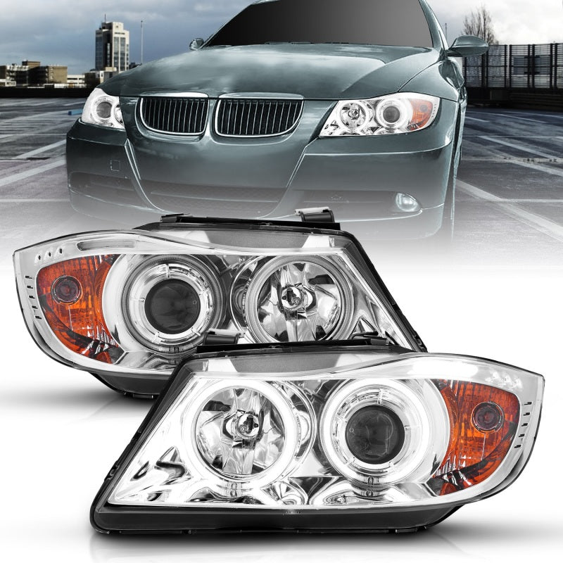 ANZO 2006-2008 BMW 3 Series E90-E91 Projector Headlights w/ Halo w/ LED Bar Chrome (CCFL)-SR1 Performance