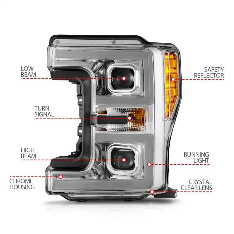 ANZO 17-19 Ford F-250/350/450 SD (w/o Factory LED HL) LED Proj Headlights w/Light Bar Switchback Chr-SR1 Performance