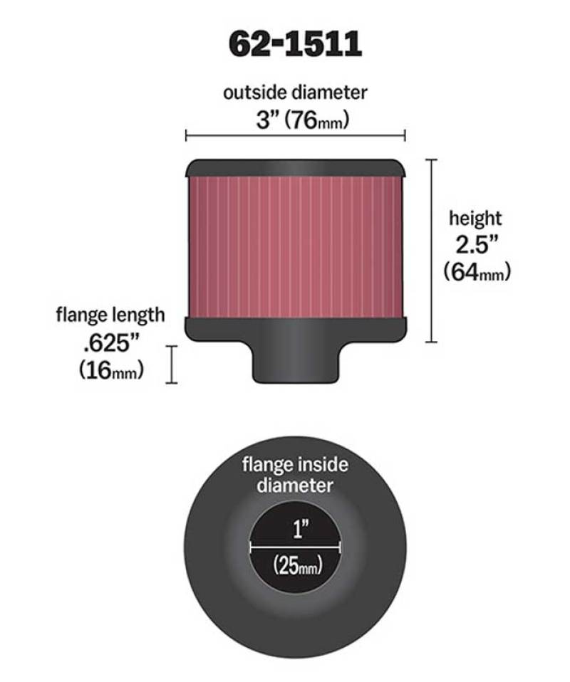 K&N 1in Flange ID x 3in OD x 2.5in Height Clamp On Crankcase Vent Filter-SR1 Performance