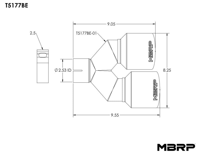 MBRP Burnt End Tip 2.5 ID Dual 4 OD Out 9.55 length Single wall 304 Stainless Steel Pass Side-SR1 Performance
