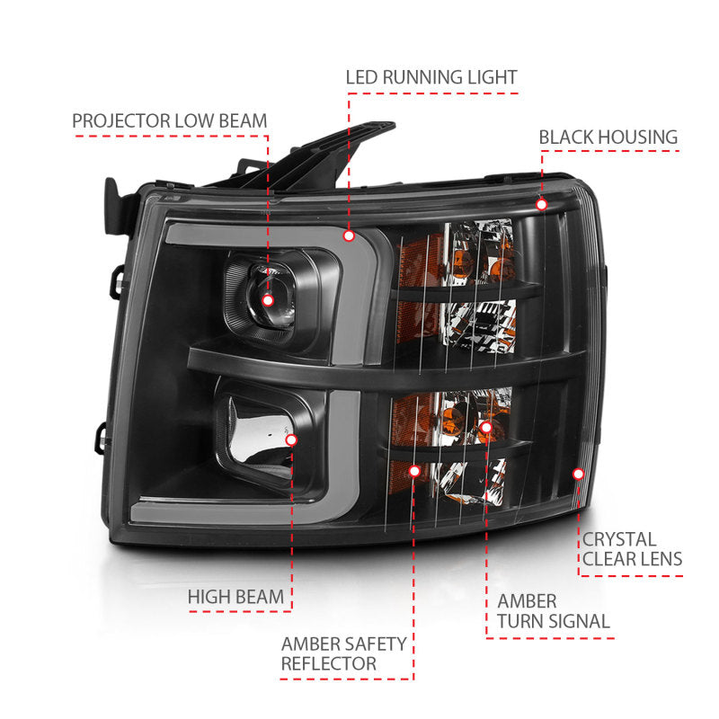 ANZO 07-13 Chevrolet Silverado 3500 Projector Headlights - Black Amber-SR1 Performance