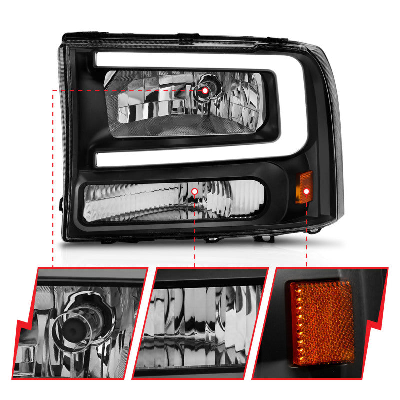 ANZO 99-04 Ford F250/F350/F450/Excursion (excl. 99) Crystal Headlights - w/ Light Bar Black Housing-SR1 Performance